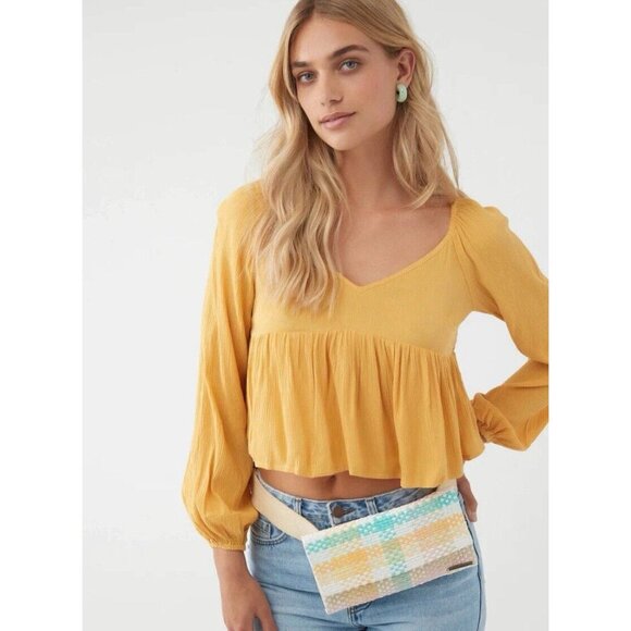 NWT Womens O'Neill Babydoll Top Small Yellow Boho Surf Beach Flowy Smocked NEW - Picture 1 of 9